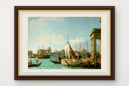 Stampa su carta di Amalfi incorniciata della Punta della Dogana a Venezia con la Giudecca e la chiesa delle Zitelle, dipinta da Canaletto verso il 1724-1730, con cornice marrone scuro fatta a mano e vetro