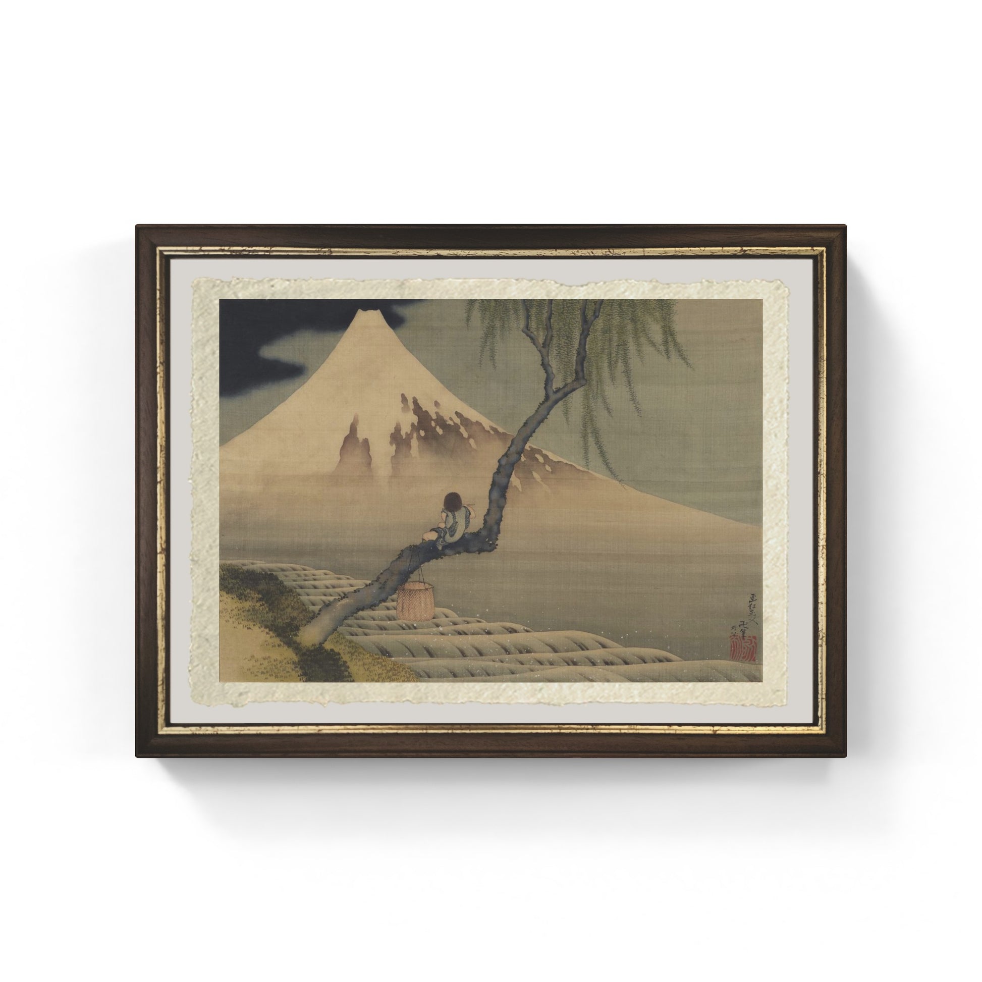 ragazzo che osserva il monte fuji di Katsushika Hokusai su carta amalfi