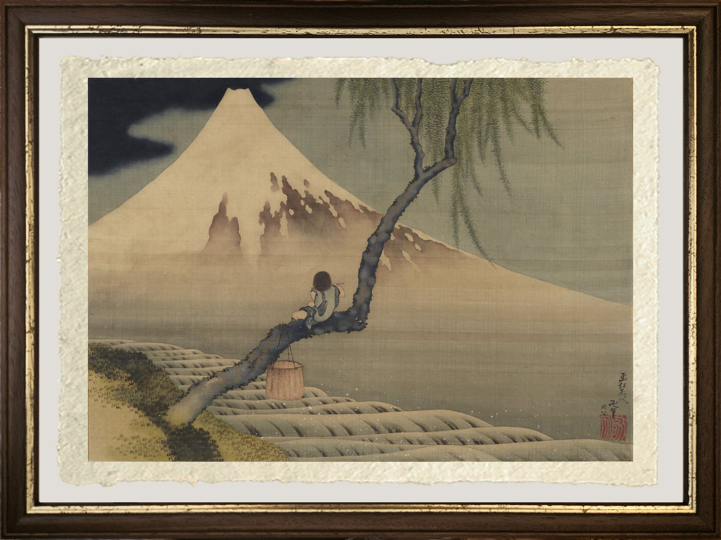 dettaglio stampa ragazzo che osserva il monte fuji di hokusai su carta amalfi