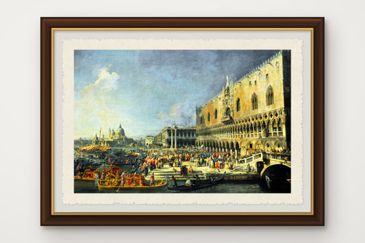 Stampa su carta di Amalfi incorniciata del Ricevimento dell'ambasciatore francese davanti al Palazzo Ducale di Venezia, dipinto da Canaletto nel 1726-1727, con cornice marrone scuro fatta a mano e vetro