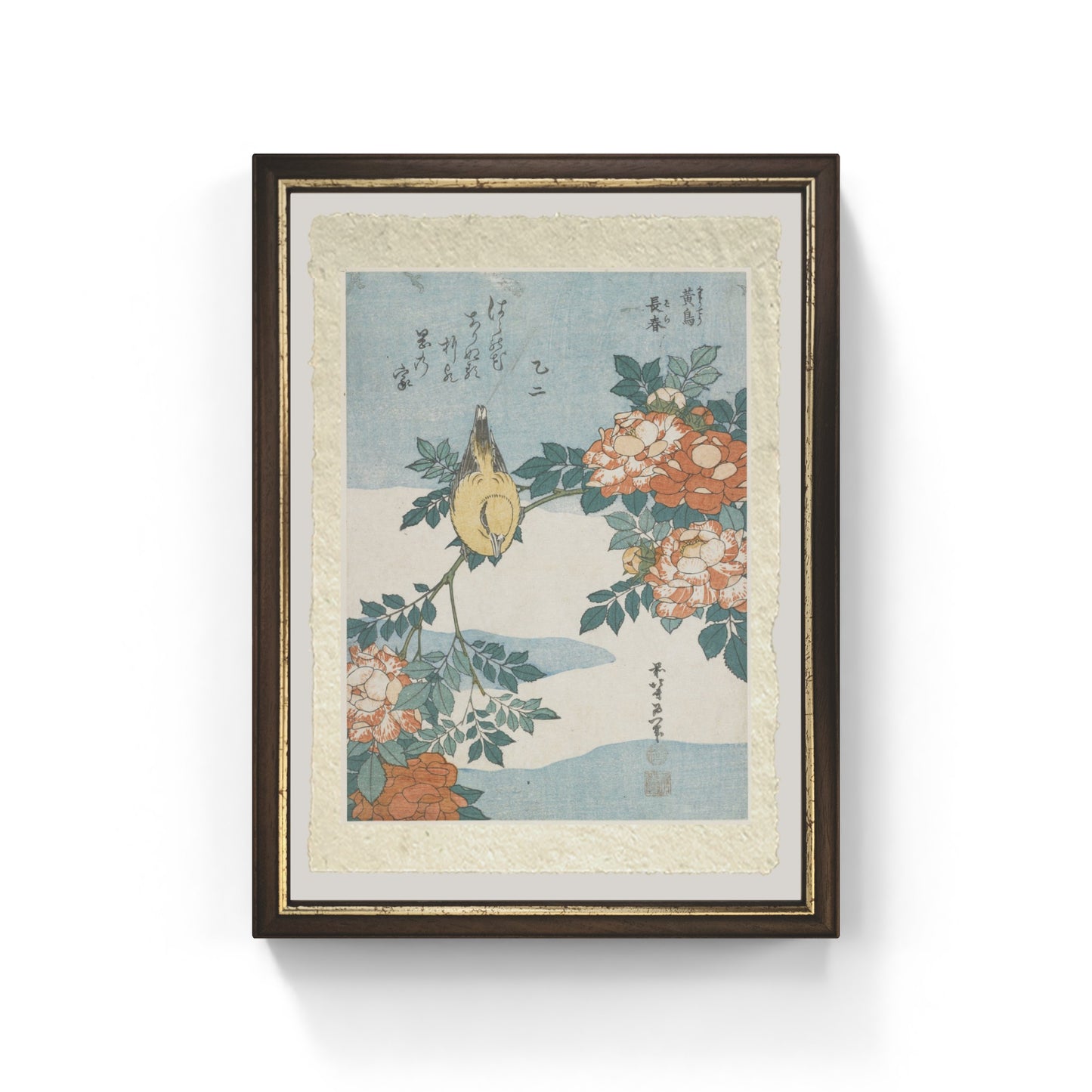 rigogolo dal collare nero e rosa cinese di katsushika hokusai su carta amalfi