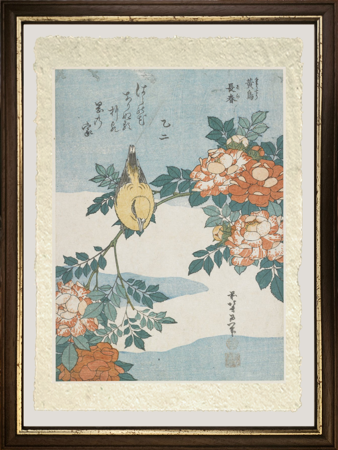 dettaglio rigogolo dal collare nero e rosa cinese di katsushika hokusai su carta amalfi