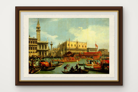 Stampa su carta di Amalfi incorniciata del Ritorno del Bucintoro al molo del Palazzo Ducale a Venezia, dipinto da Canaletto nel 1728-1729, con cornice marrone scuro fatta a mano e vetro