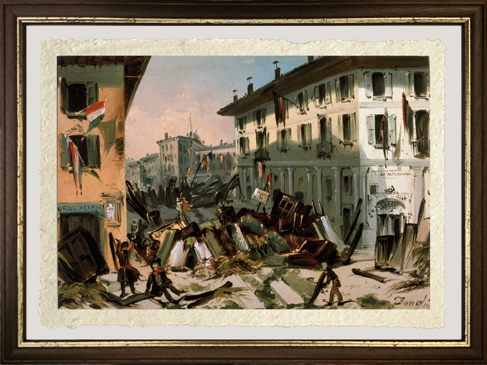 Dettaglio della stampa su carta Amalfi ‘Rivoluzioni del 1848, barricate in corso di Porta Vercellina