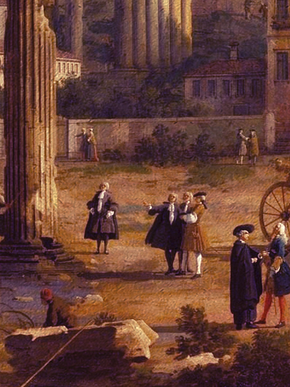 Particolare della stampa di Canaletto: i personaggi e la grana della carta di Amalfi