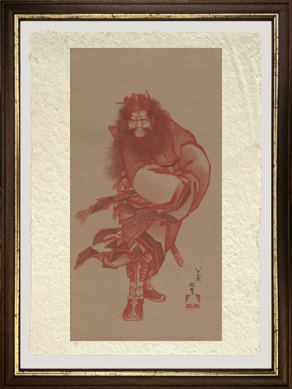 dettaglio shoki rosso il cacciatore di demoni di Katsushika Hokusai su carta amalfi