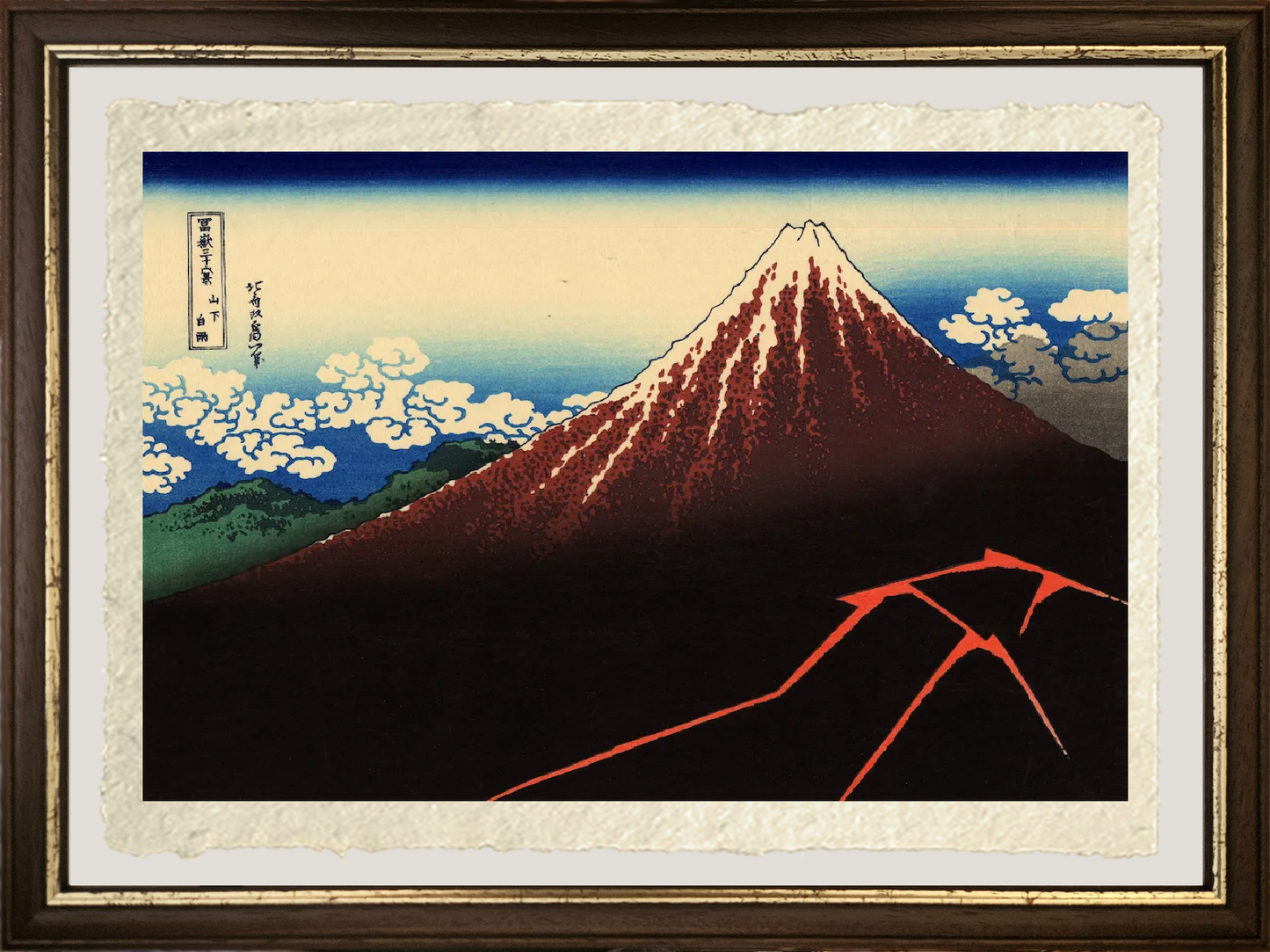 dettaglio temporale sotto la cima del Fuji di Katsushika Hokusai su carta Amalfi

