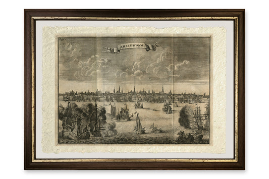 Quadro Veduta di Amsterdam dal porto di Henri du Sauzet, stampa su carta di Amalfi con cornice marrone scuro e filetto dorato