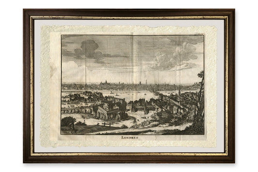Quadro Veduta di Londra sul Tamigi di Henri du Sauzet, stampa su carta di Amalfi con cornice marrone scuro e filetto dorato