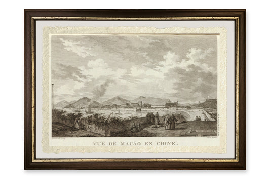 Quadro Veduta di Macao in Cina di Gaspard Duché de Vancy, stampa su carta di Amalfi con cornice marrone scuro e filetto dorato