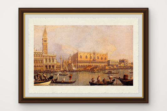 Stampa su carta di Amalfi incorniciata della Veduta del Palazzo Ducale di Venezia dal bacino di San Marco, dipinta da Canaletto prima del 1755, con cornice marrone scuro fatta a mano e vetro