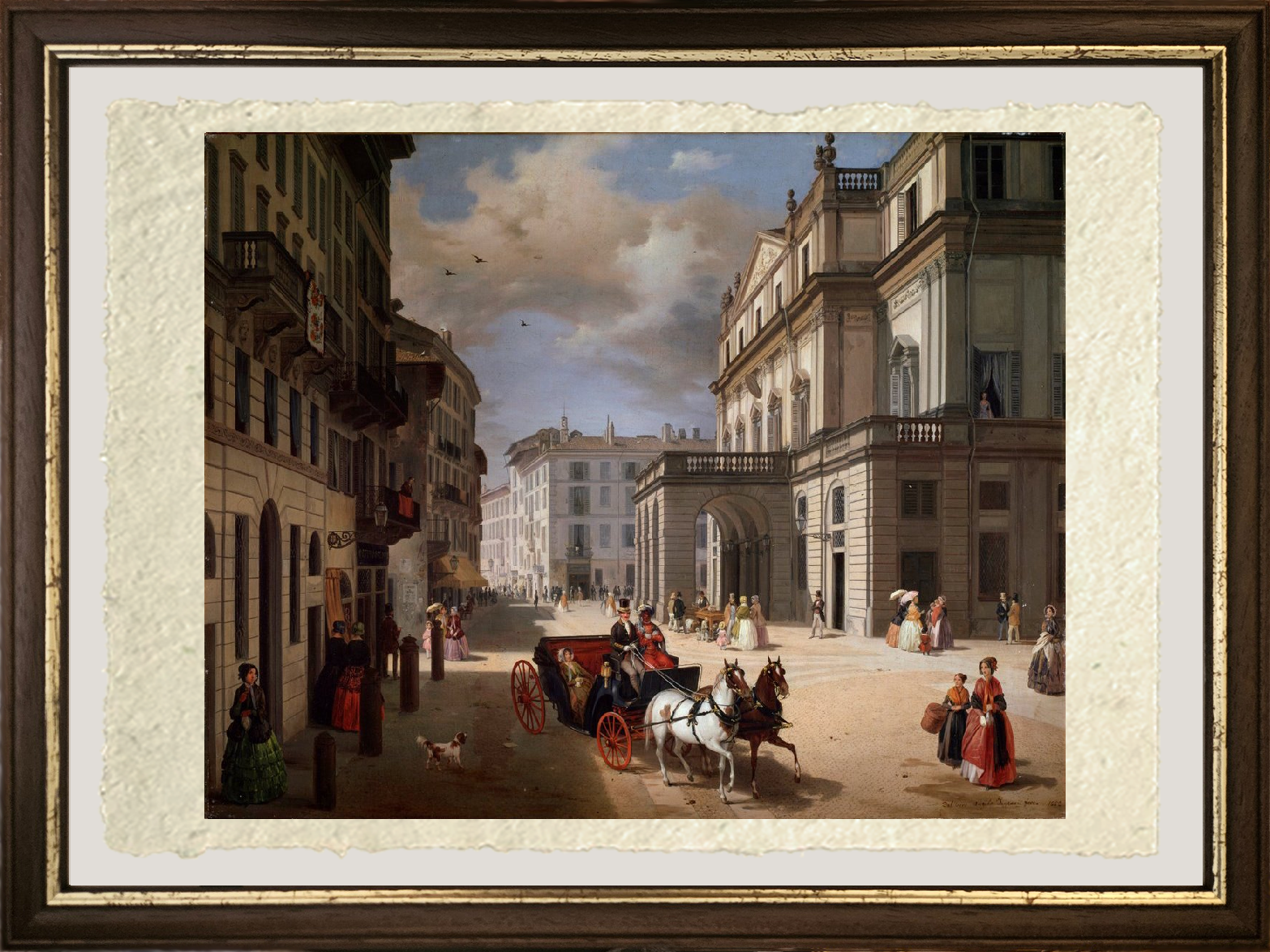 Dettaglio della Veduta della piazza della Scala di Angelo Inganni su carta Amalfi 