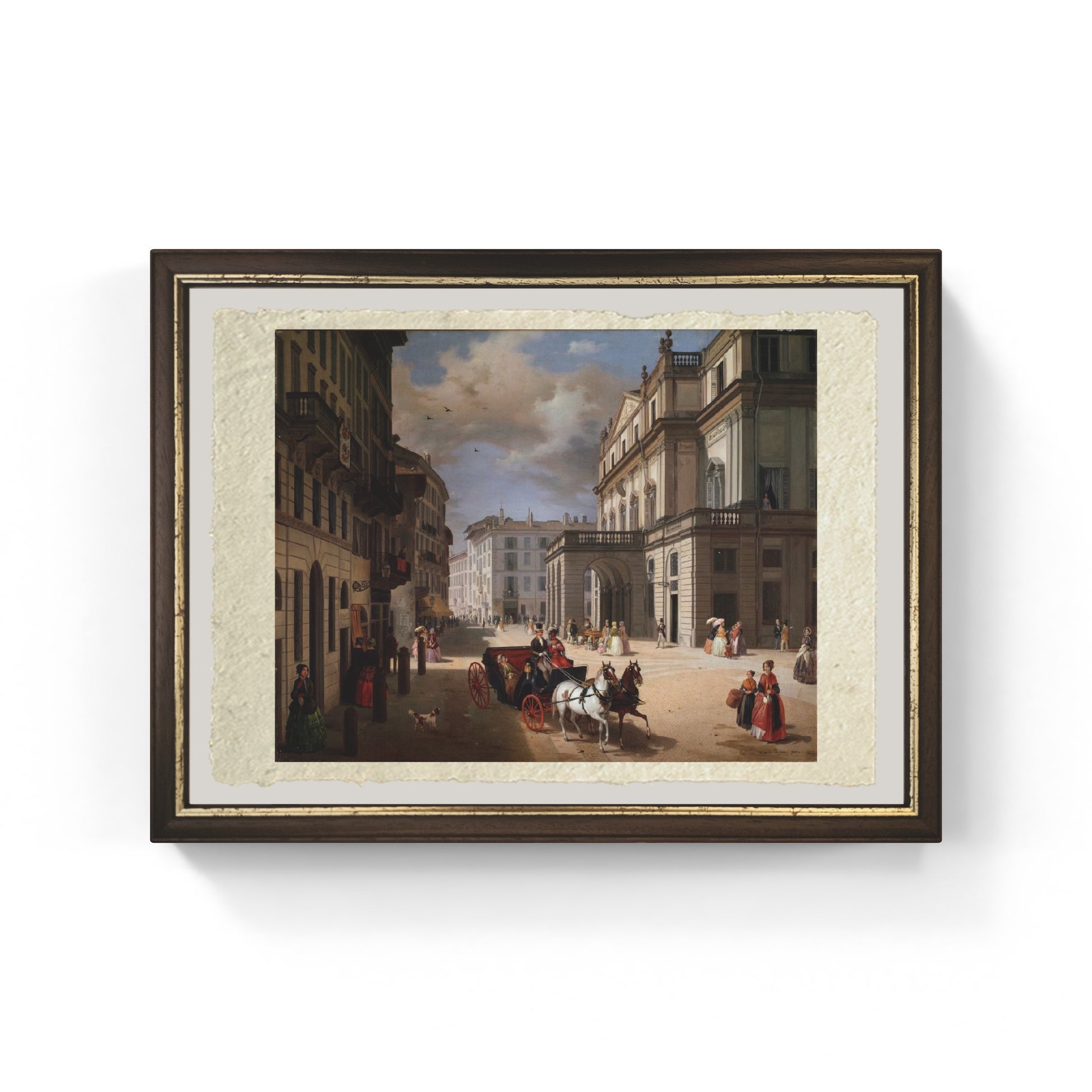 Veduta della piazza del Teatro alla Scala a Milano di Angelo Inganni su carta Amalfi