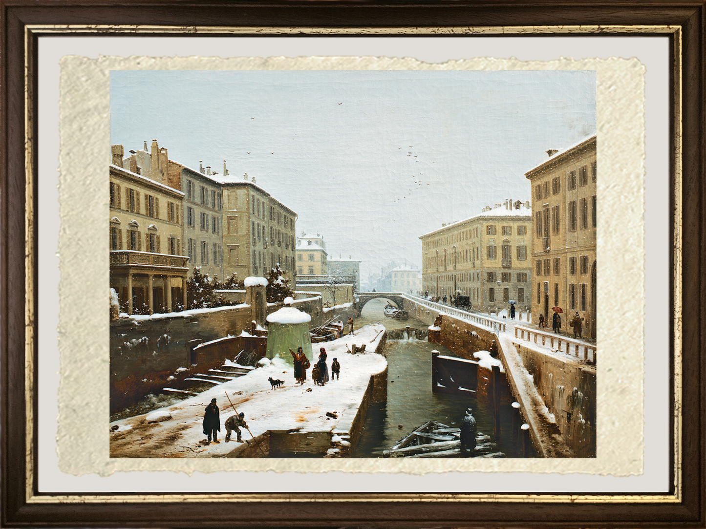 Dettaglio della riproduzione su carta Amalfi del dipinto ‘Veduta presa sul ponte di Porta Orientale con neve cadente’ di Angelo Inganni