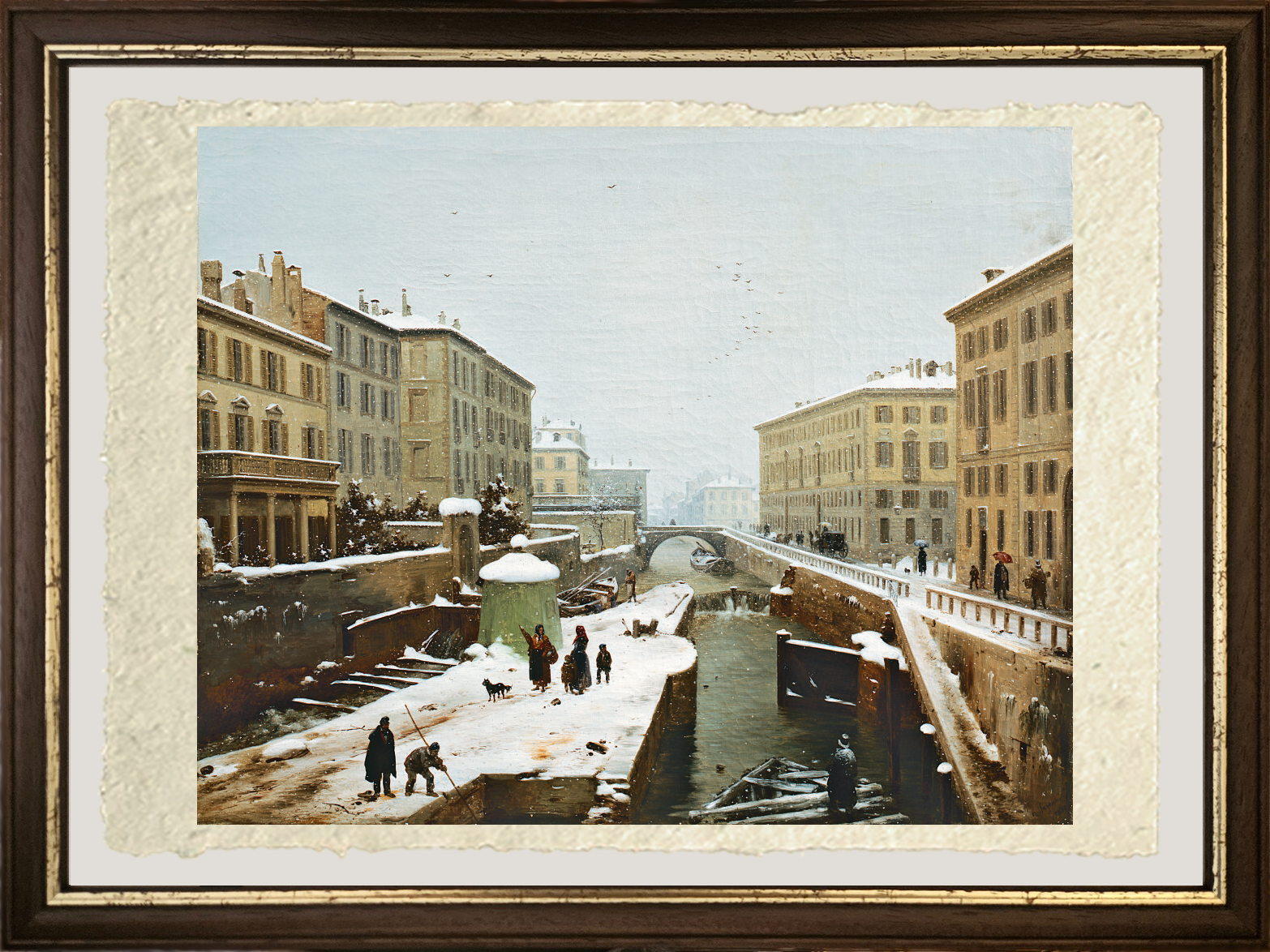 Dettaglio della riproduzione su carta Amalfi del dipinto ‘Veduta presa sul ponte di Porta Orientale con neve cadente’ di Angelo Inganni