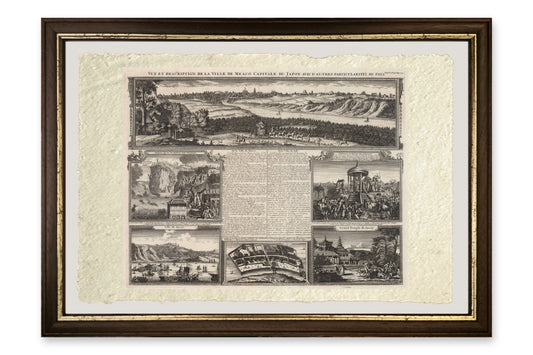 Quadro Vedute di Kyoto e Nagasaki di Henri Abraham Châtelain, stampa su carta di Amalfi con cornice marrone scuro e filetto dorato