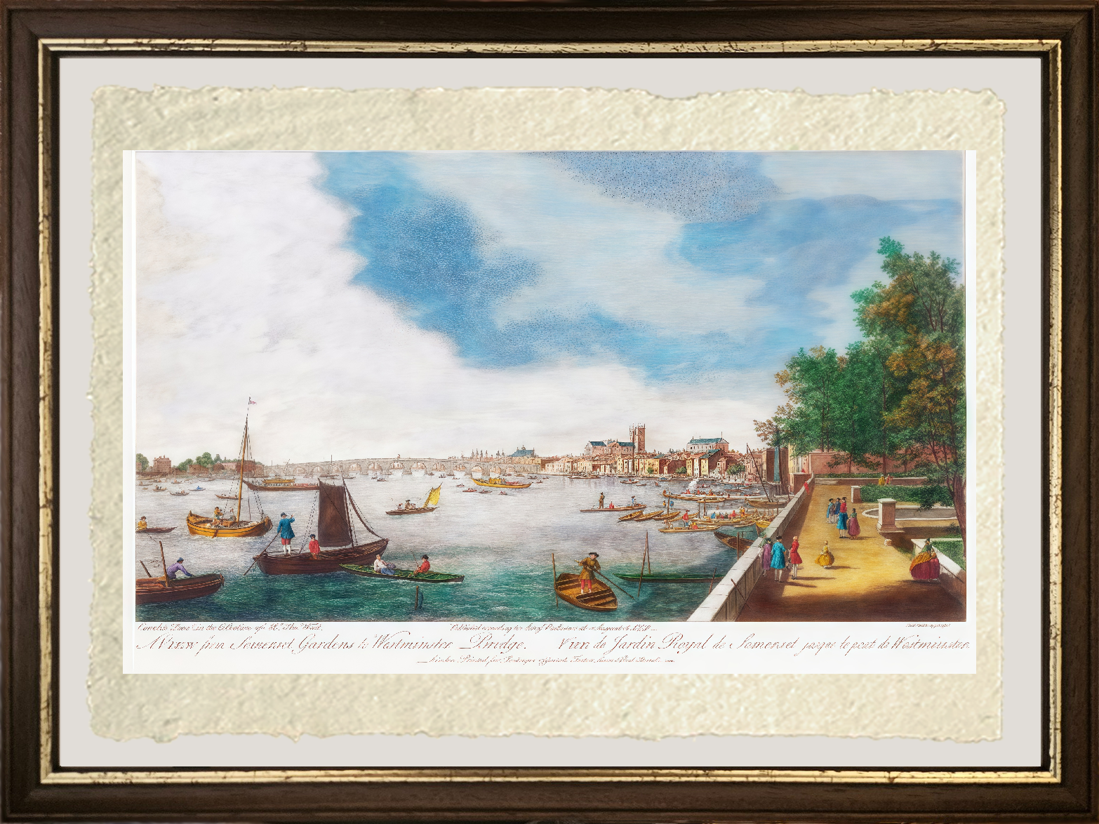 Dettaglio di una vista dai giardini del Somerset al ponte di Westminster di Giovanni Antonio Canal detto Canaletto su carta Amalfi