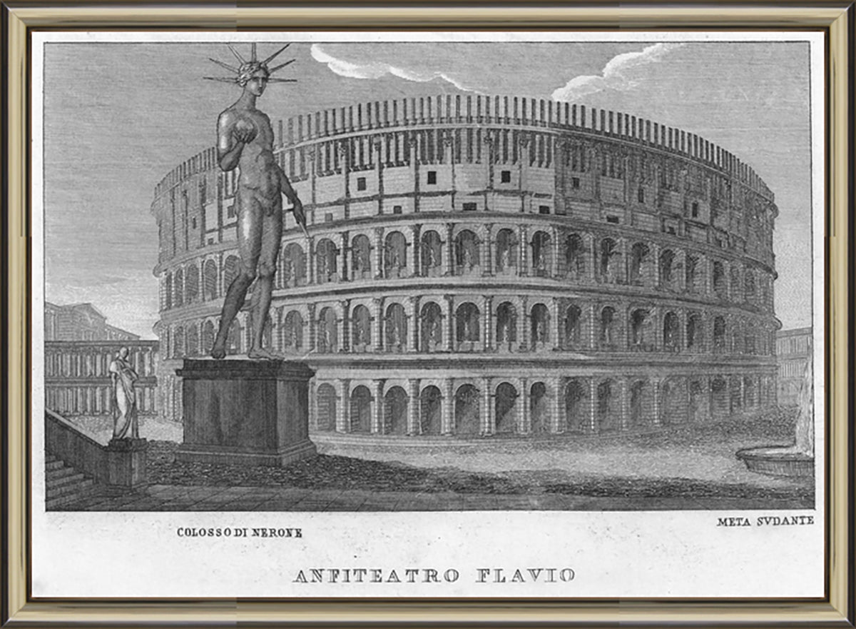 Veduta dell'Anfiteatro Flavio, con il Colosso di Nerone e la fontana del Meta Sudan